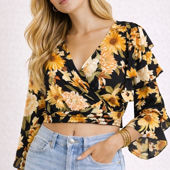 Forever 21 Tops - Forever 21 Black Floral Wrap Crop Top with Yellow and Cream Flowers